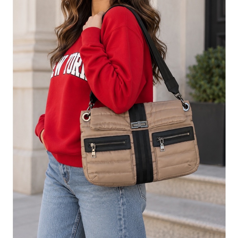 Think Royln Crossbody Bag Women Medium Tan Excellent Quilted Puffer Flap Bag